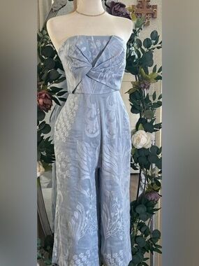 Anthropologie Aijek Silk Blend Lace embroidered Strapless Wide Leg Jumpsuit